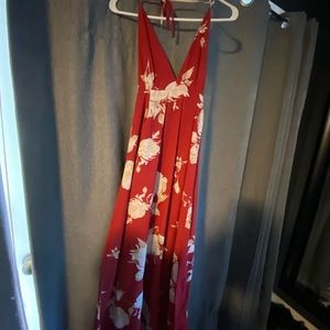 Red flower backless dress